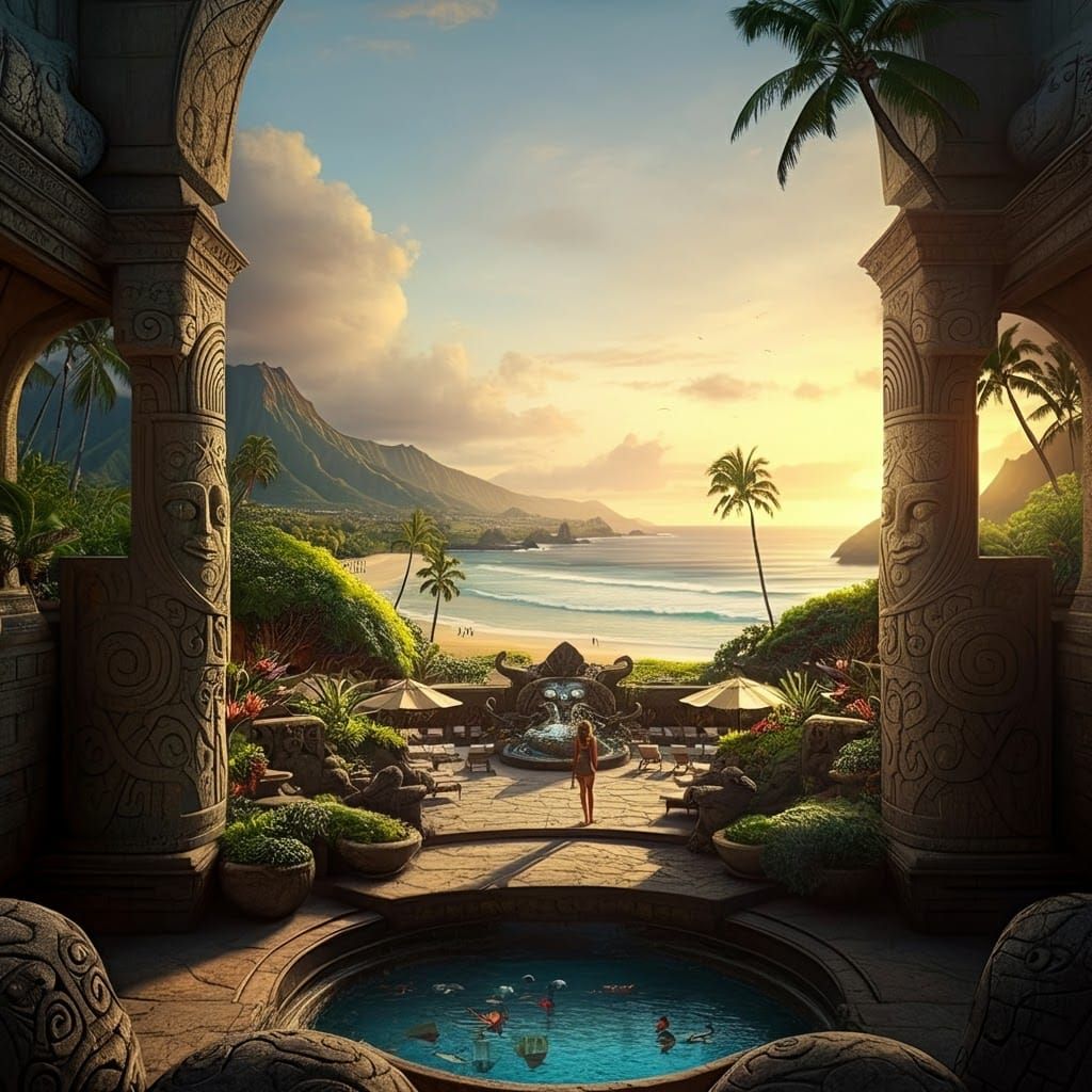 Hawaiian Beach Resort at Sunset: A Fantasy Landscape