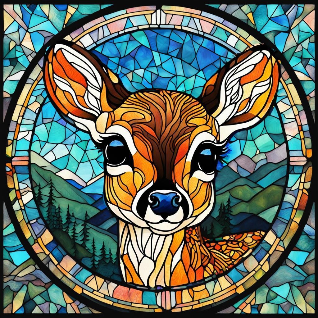 Fawn in Vaporwave Stained Glass Window Illustration