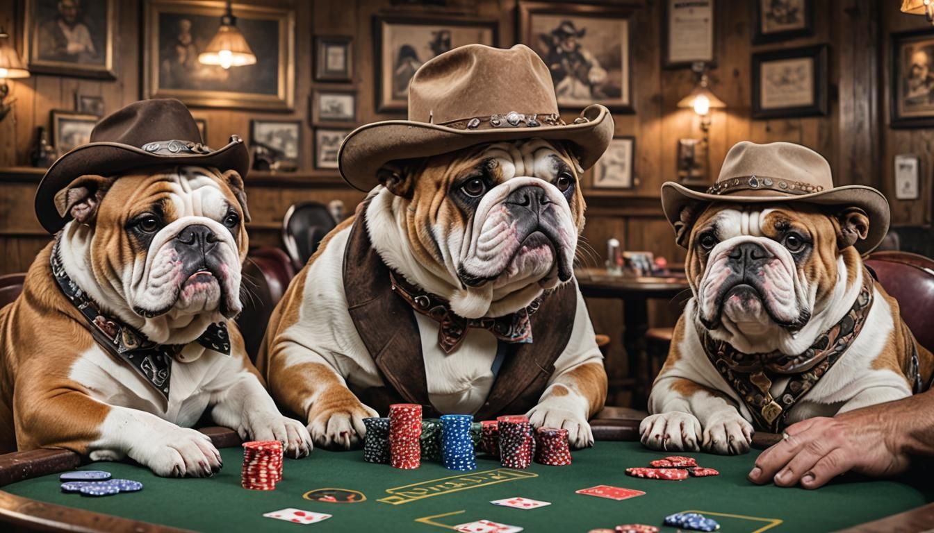 Bulldog Plays Poker in Western Saloon: 8K Photo