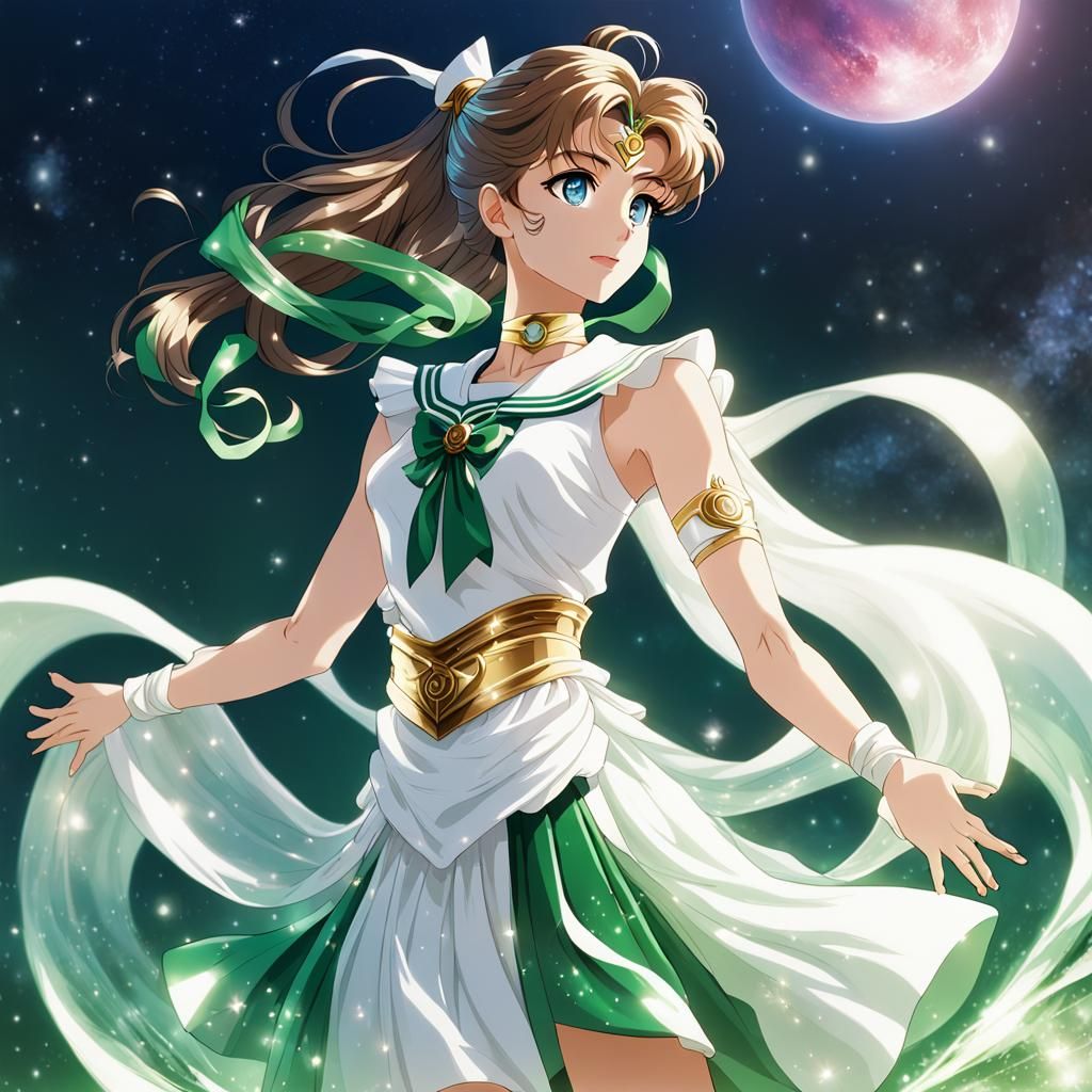Sailor Jupiter (White toga-style dress), Michelangelo, Naoko Takeuchi, Roman garden, strong, delicate, 3D shading beauti...
