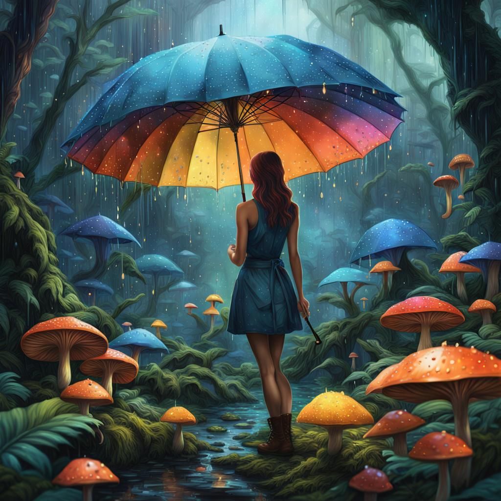 Girl Under Colorful Umbrella in Whimsical Rainforest