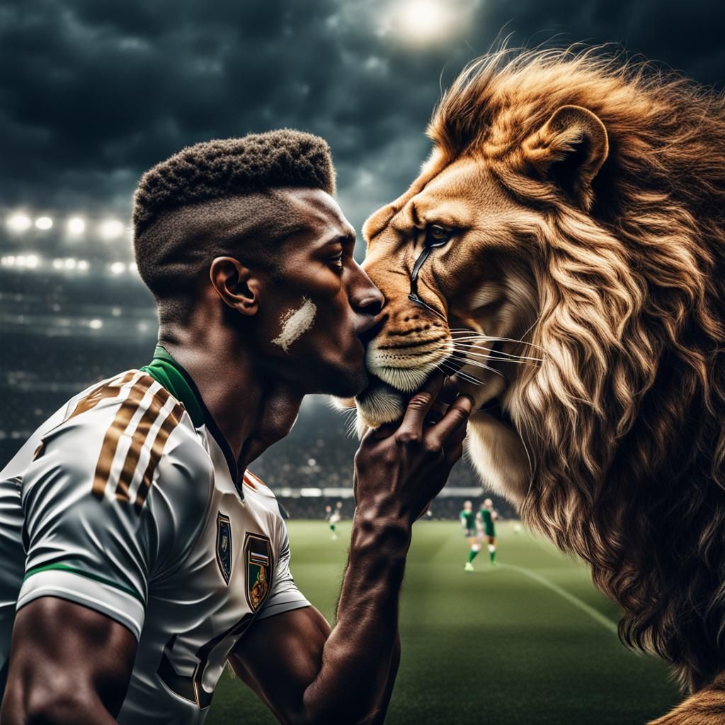 Lion Footballer Shares a Kiss: Hyperrealistic Image