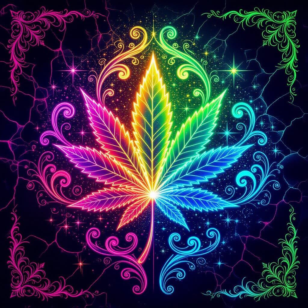Psychedelic Cannabis Leaf with Fractal Florals in Neon Rainb...