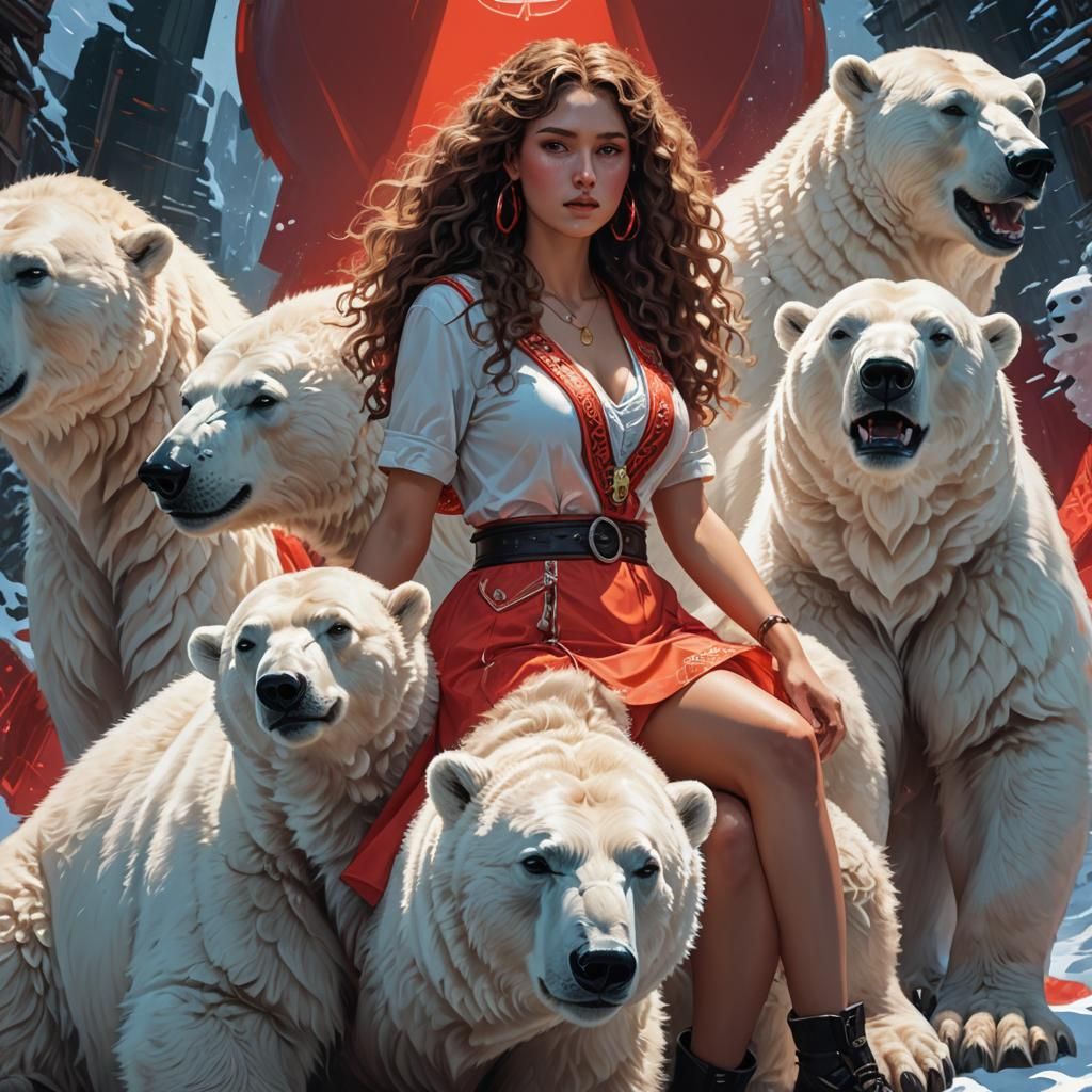 Curvy Woman on Polar Bear, Hyperdetailed Portrait