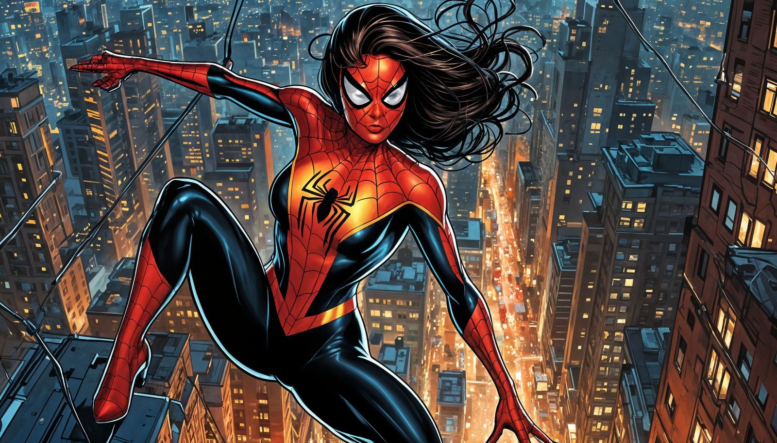 Mayday Parker Swinging Through Cityscape, Comic Book Art