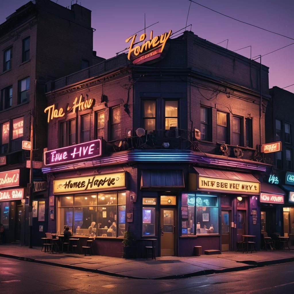 Neo-Retro Dive Bar: The Honey Hive at Dusk