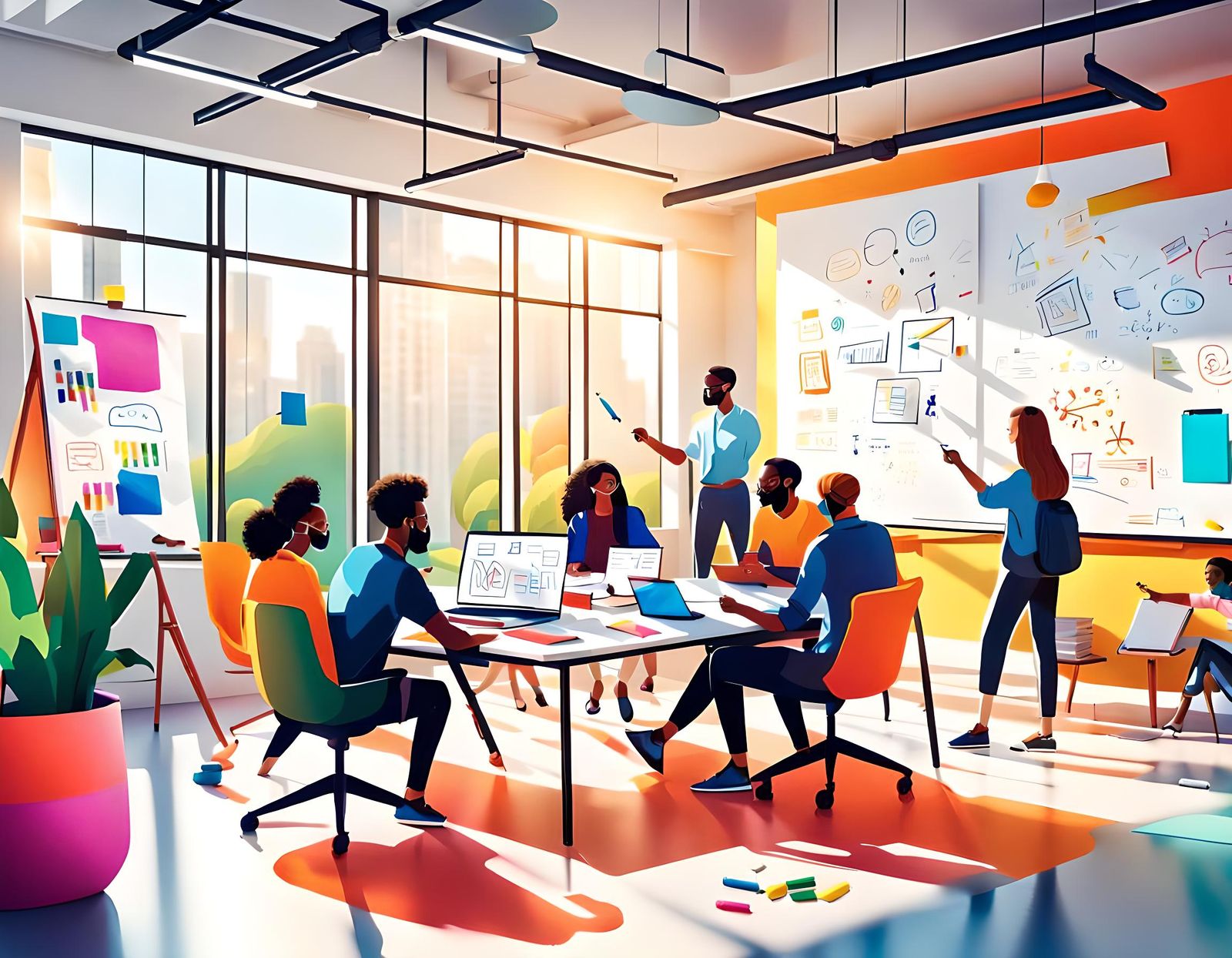 Diverse Team Brainstorming in Modern Office, Digital Paintin...