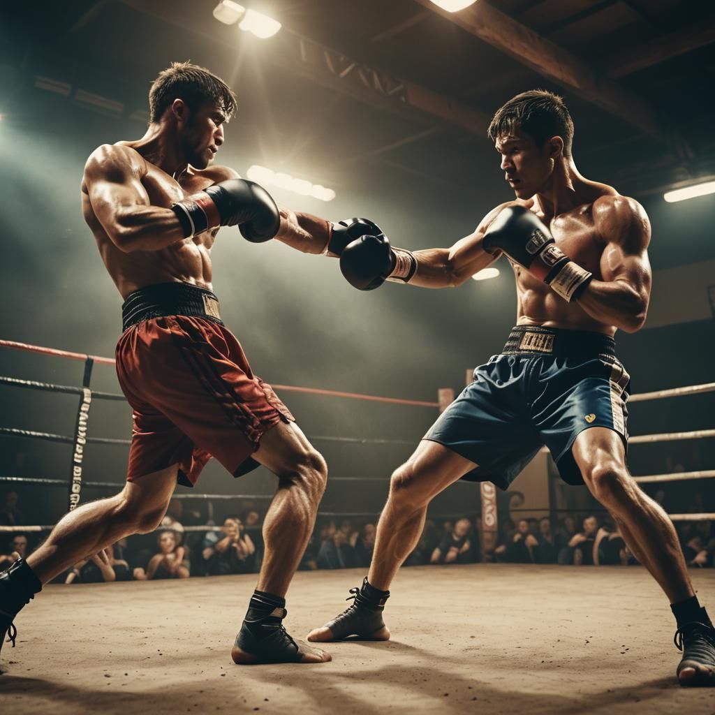 Intense Kickboxing Match with Muscular Fighters