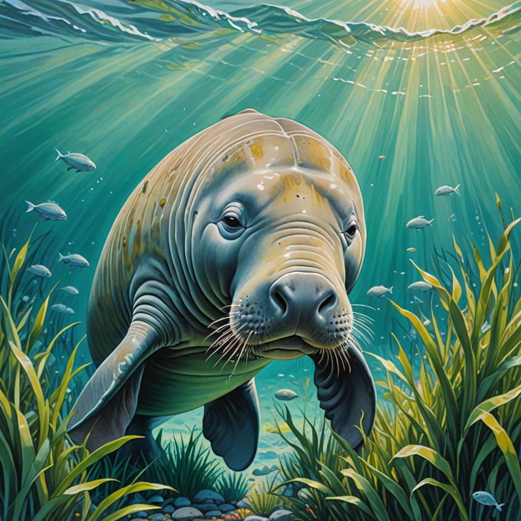Dugong Grazing: A Gouache Painting in Pastel Colors