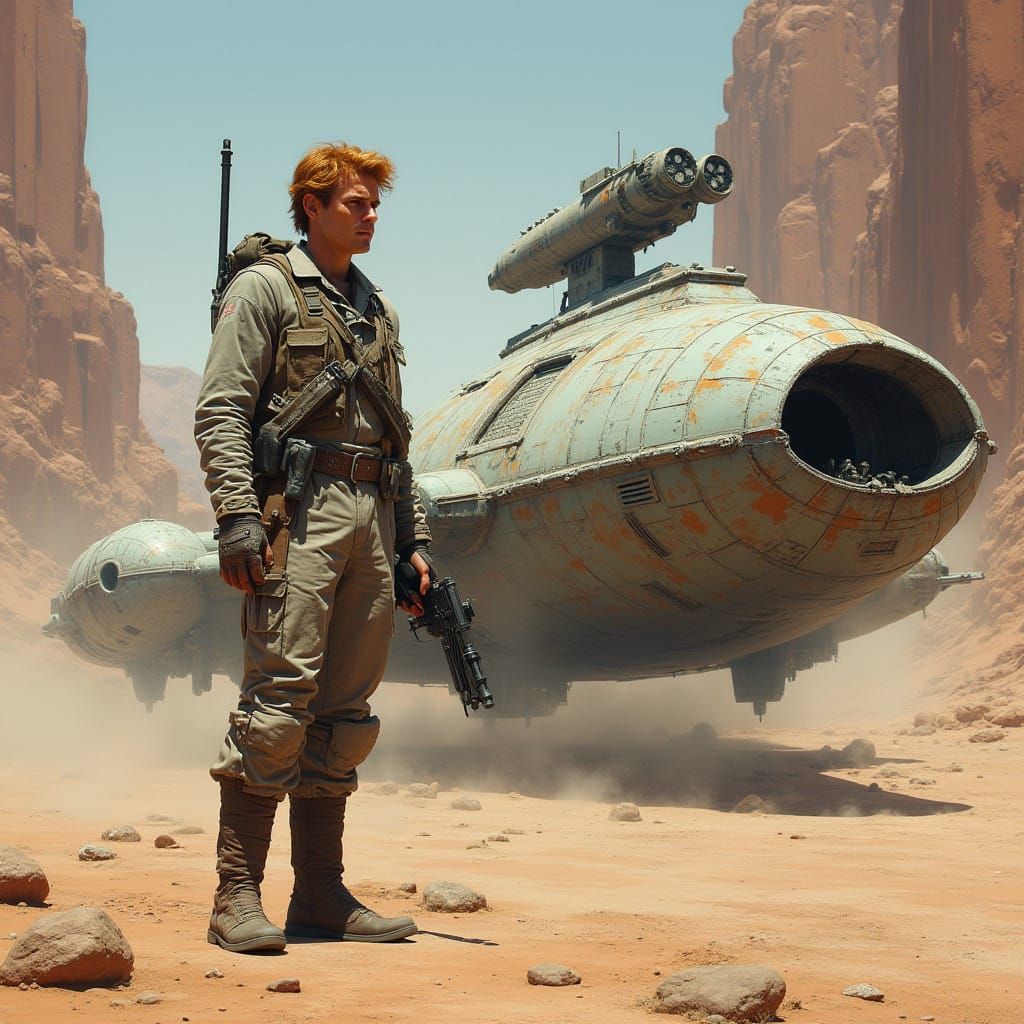 Hyperrealistic Sci-Fi Mechanic Repairing Spaceship