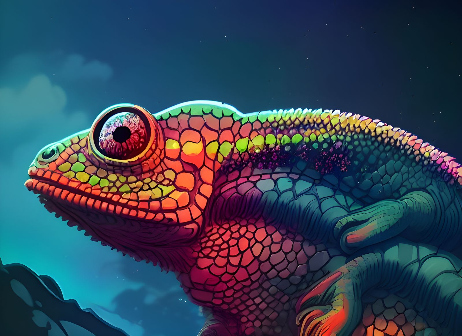 Epic Blacklight Chameleon Illustration in Detailed Style