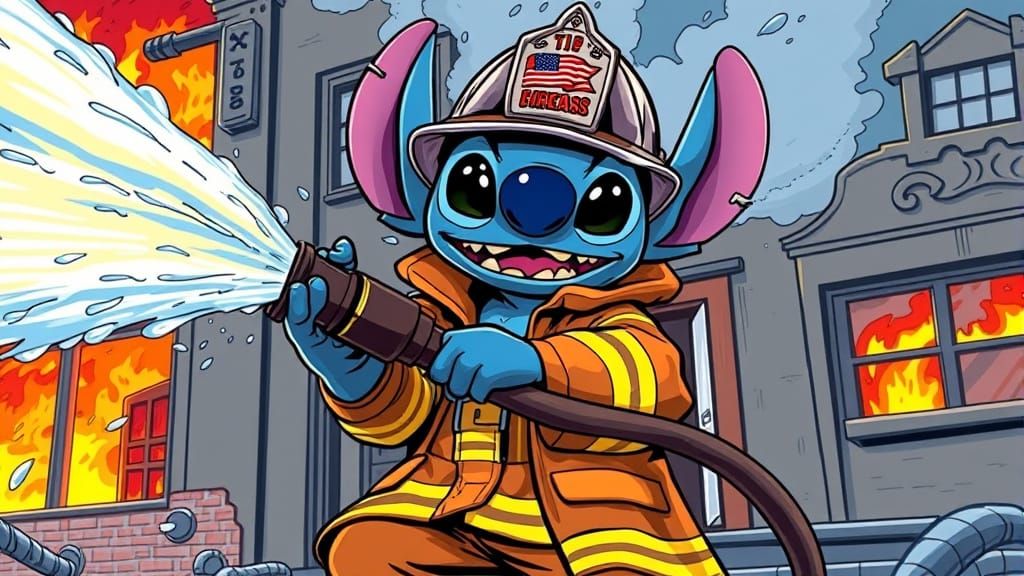 Stitch the Firefighter in Comic Book Style