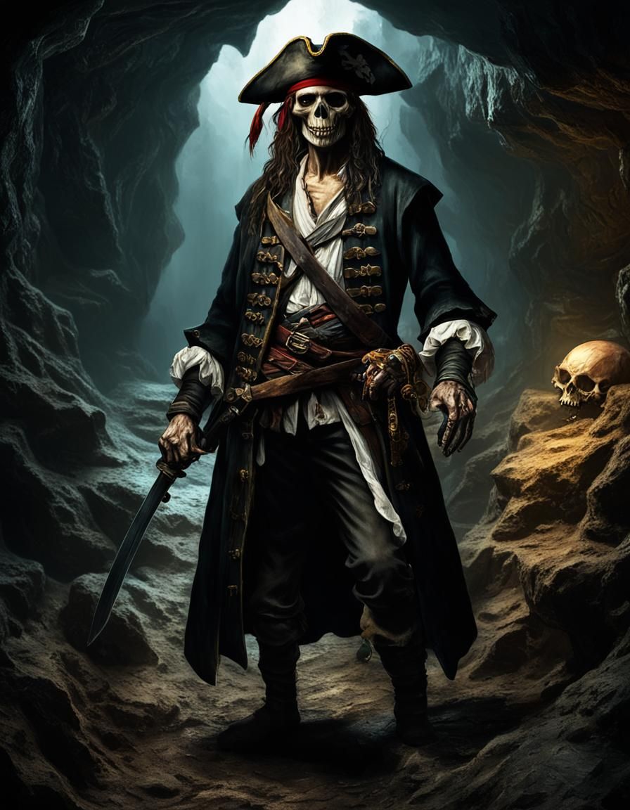 Eerie Skeleton Pirate in Dark Cave, Digital Painting