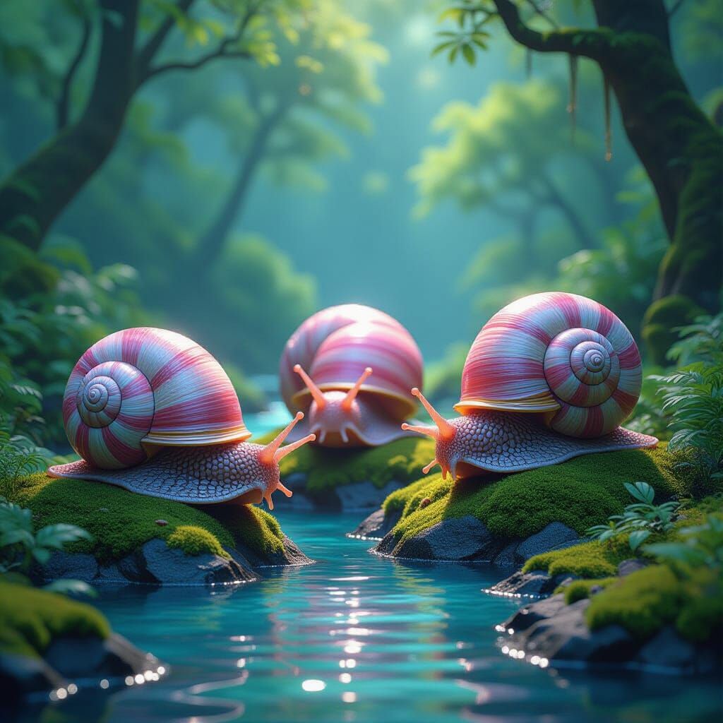 Giant Iridescent Pink Snails in Mystical Forest