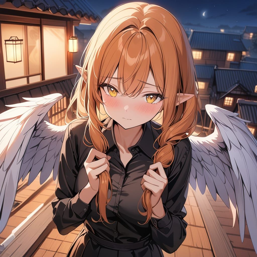 Shy Village Girl with Aesthetic Bird Wings in Moonlit Roofto...