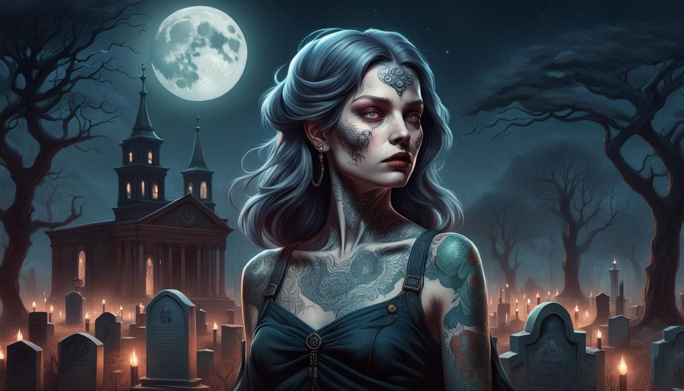 Tattooed Women in Graveyard at Night