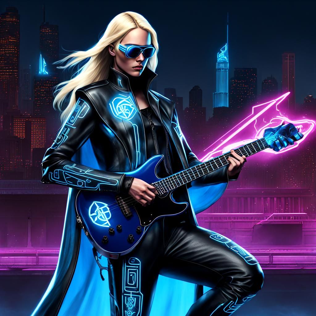 Cyberpunk Guitar Woman with Glowing Cape and Neon Hair