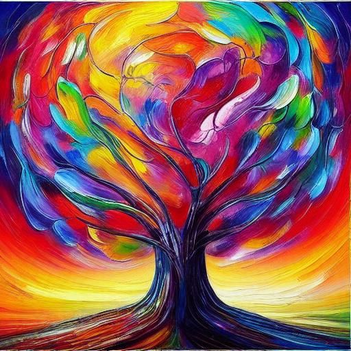 Colorful Tree of Life Impasto Oil Painting