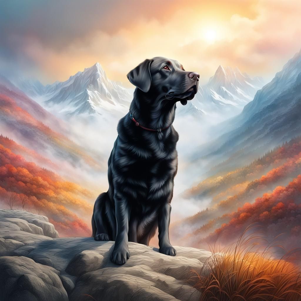 Labrador Retriever in Misty Mountain Landscape: Hyperrealist...