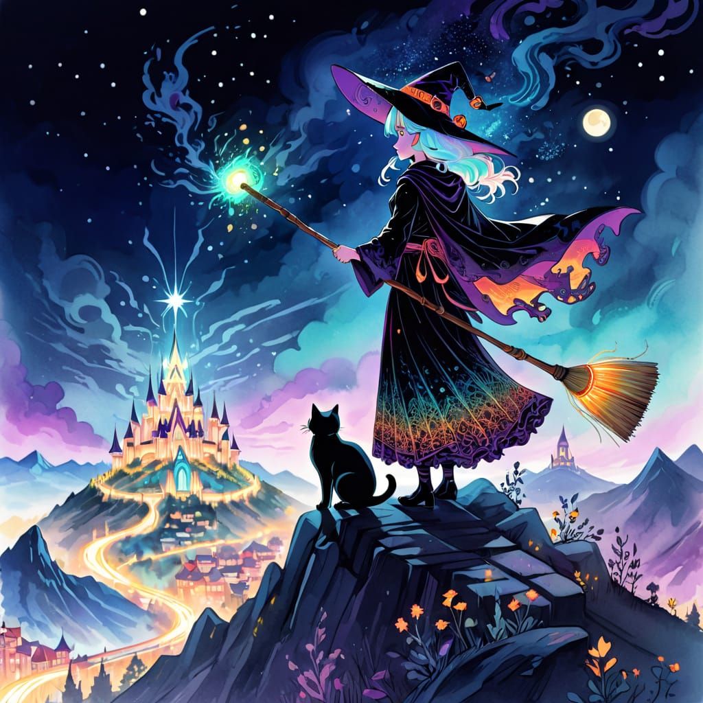 Mystical Witch and Cat Over Illuminated City in Watercolor S...