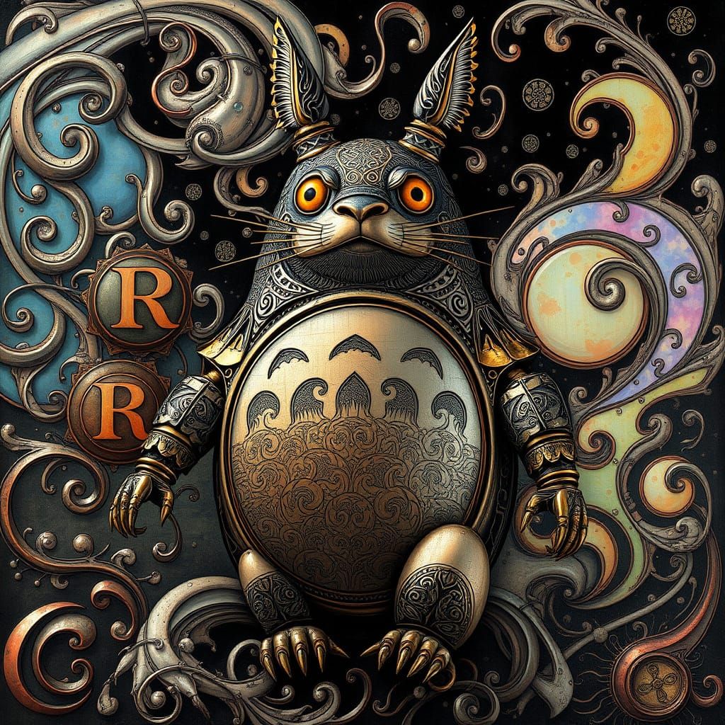 Ethereal Mechanical Totoro in Art Nouveau Wonderland