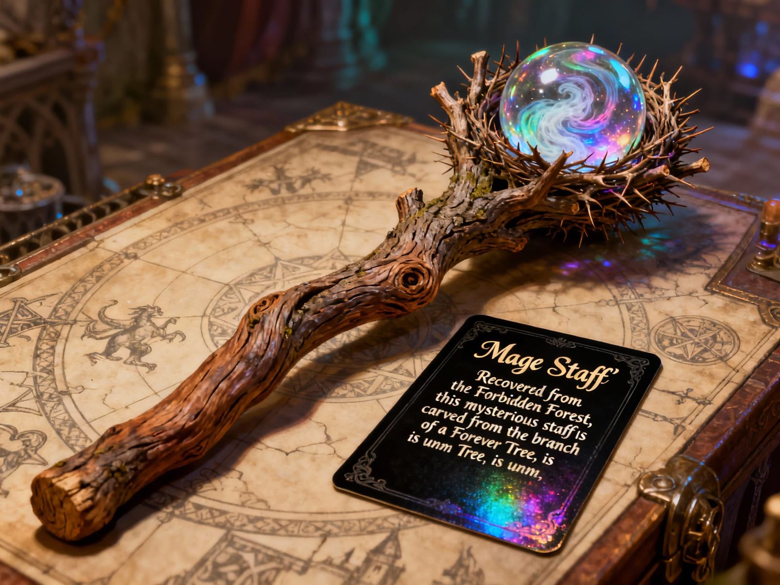 Magical Wizard Staff with Crystal Ball and Calligraphy