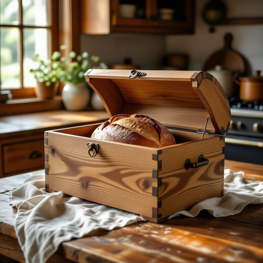 Rustic Bread Box on Farmhouse Table in Golden Light