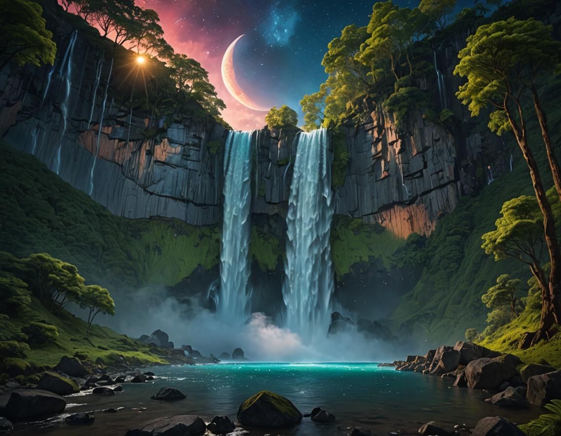Fantasy art, medium shot, massive waterfall in the foregroun...