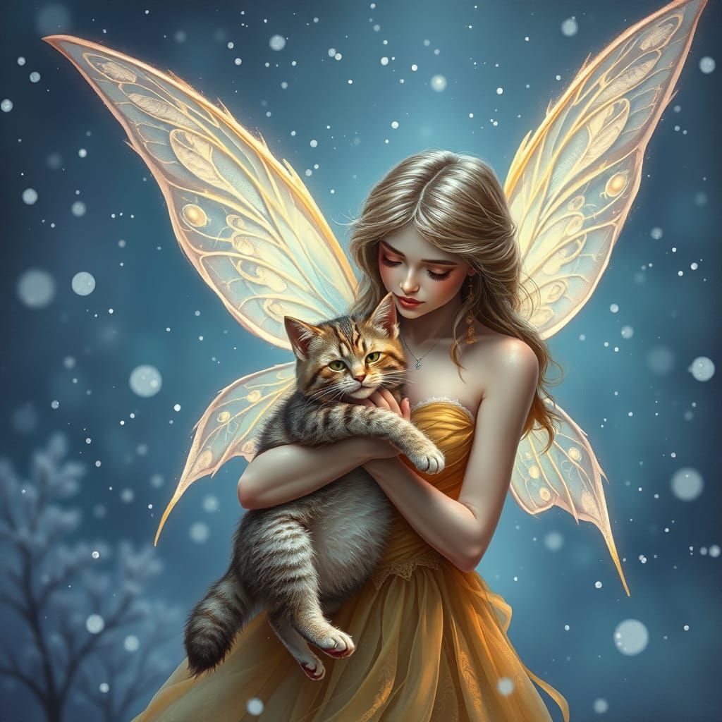 Beautiful fairy with lacey white wings holding a cuddly, fur...