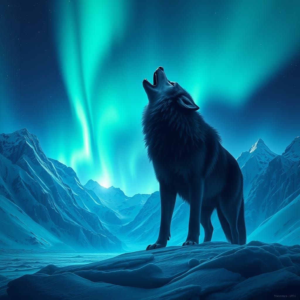 Wolf Howling Under Northern Lights, Cinematic Digital Art