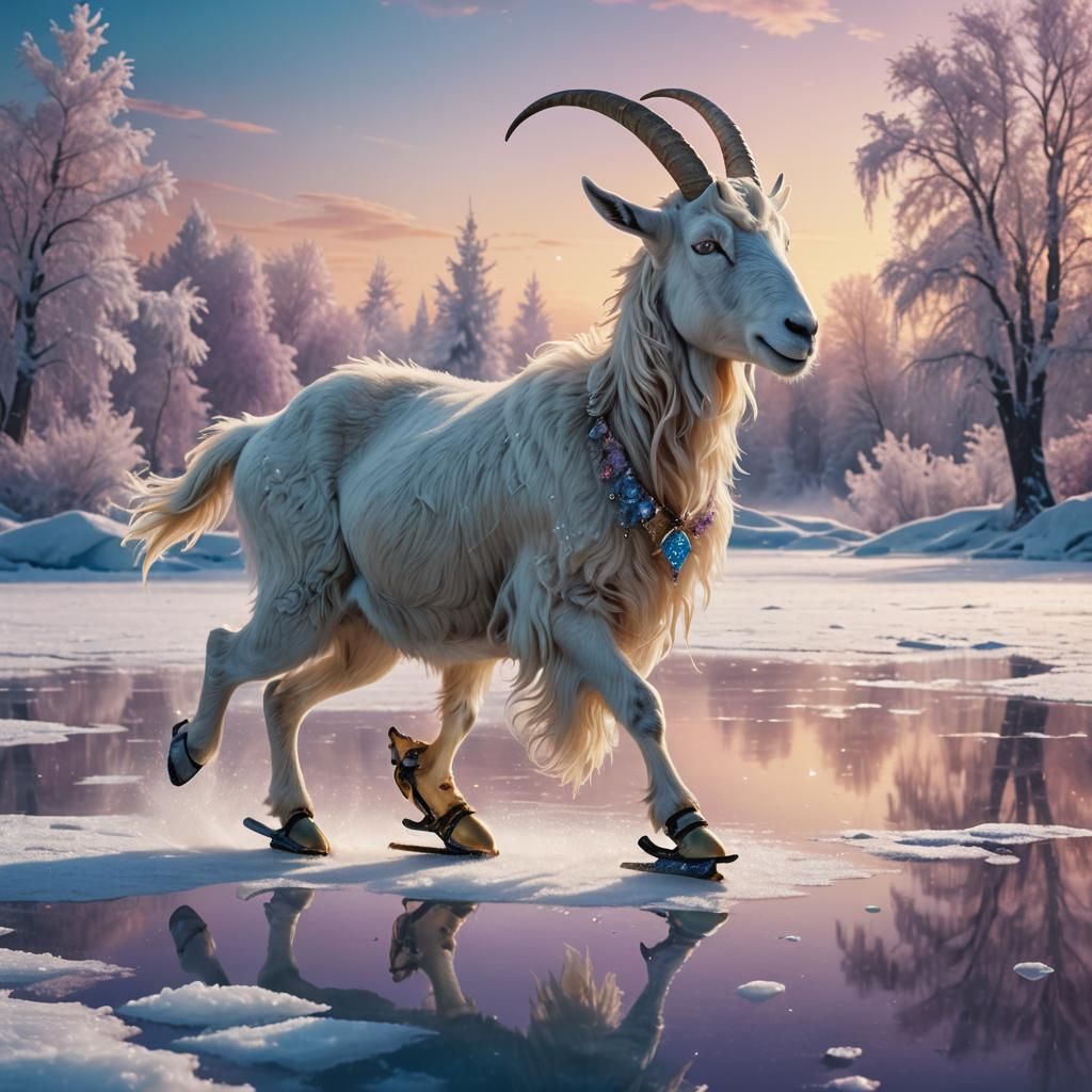 Icy Goat Skates on Frozen Lake: Fantasy Concept Art