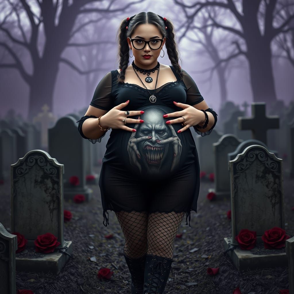 Curvy Goth Pregnant Woman in Cemetery, Dark Fantasy Art