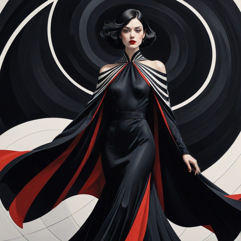 Art Deco Woman Wears Striped Cape in High Fashion Avant-Gard...