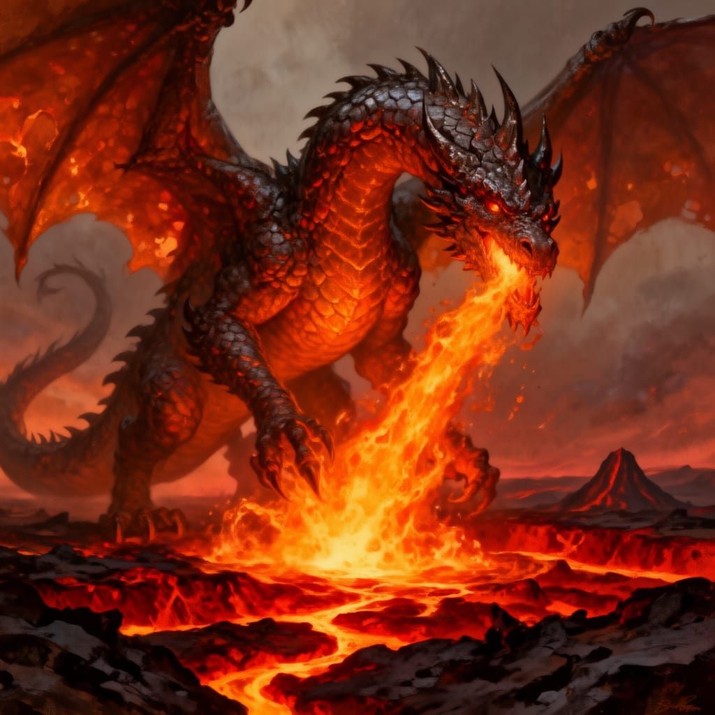 Magnificent Dragon Breathes Lava on Volcanic Landscape