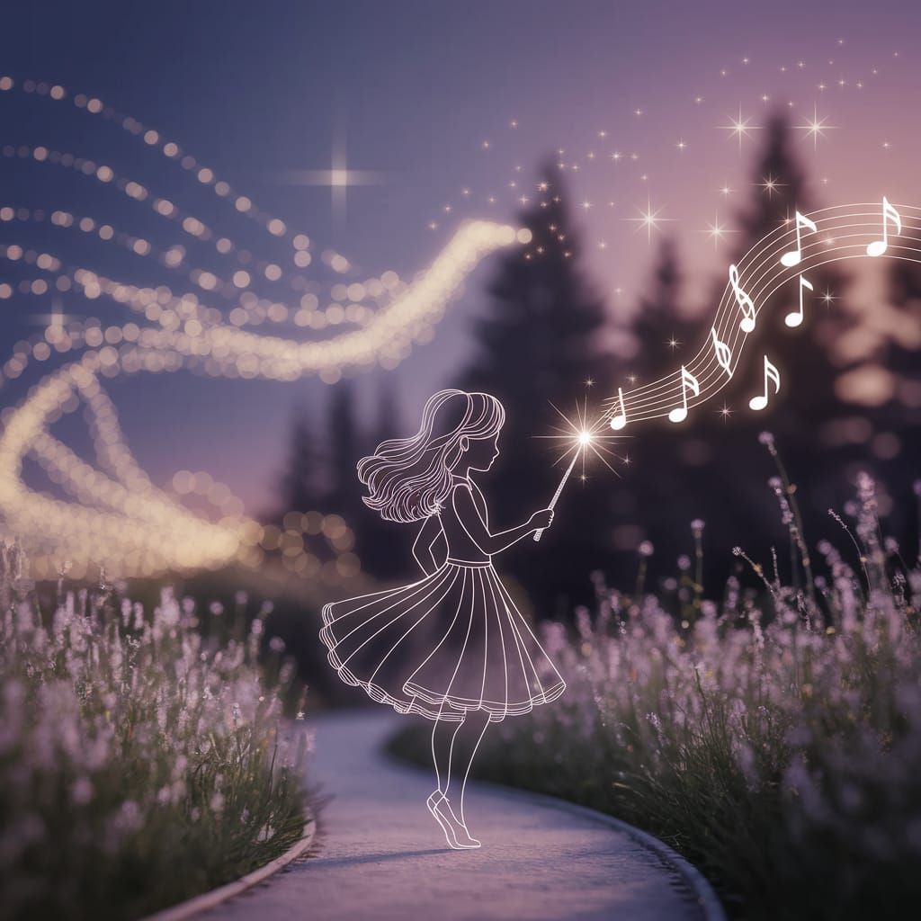 Magical Night Scene: Line Art Girl with Sparkling Wand