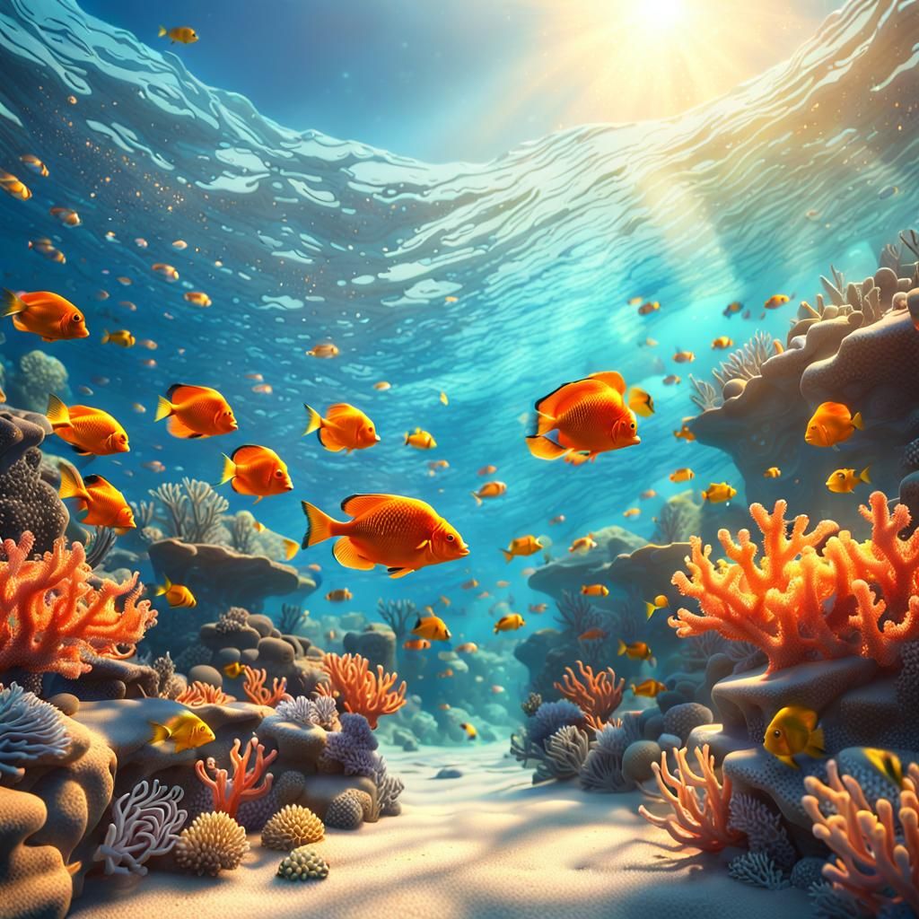 Vibrant Coral Reef Matte Painting in Tropical Colors