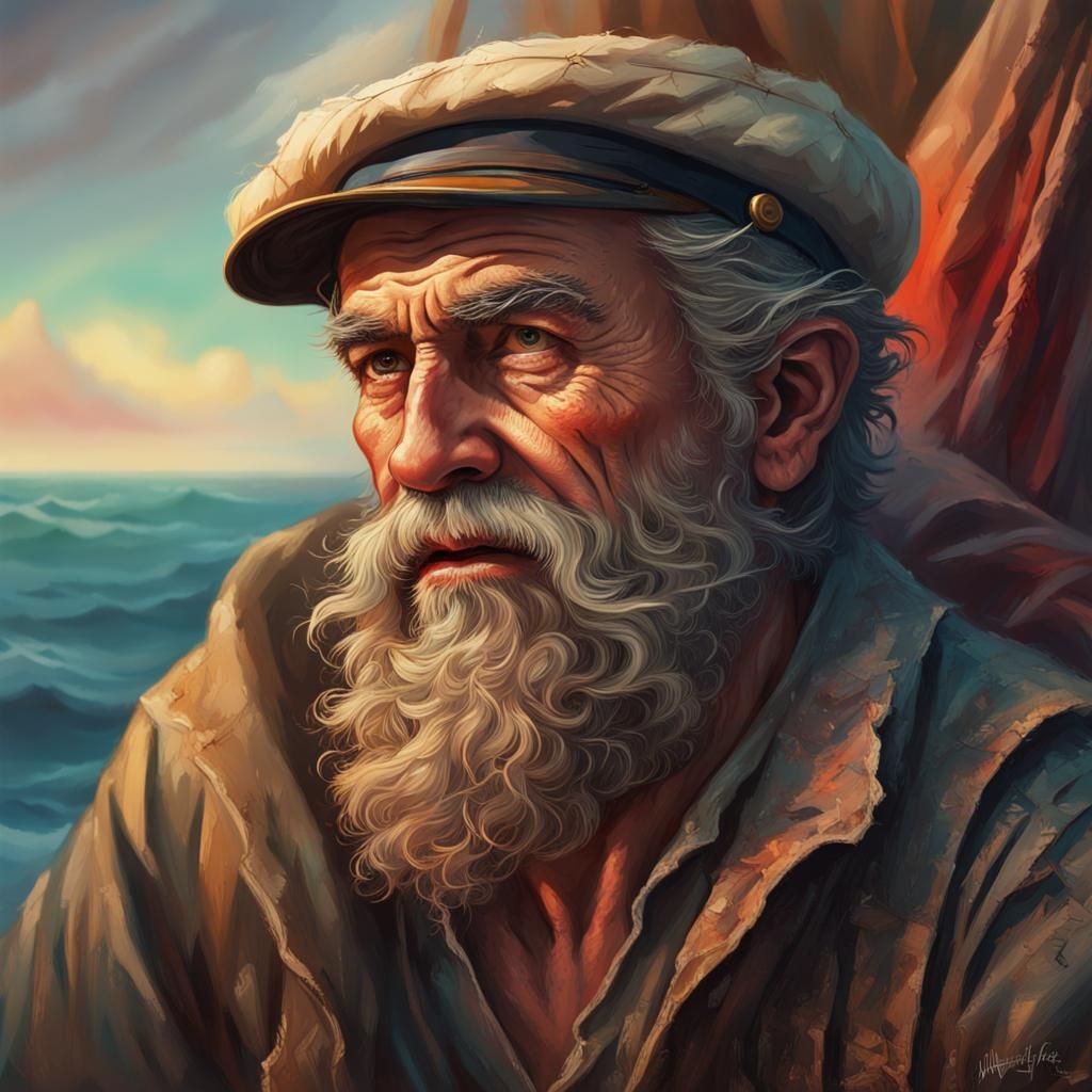 Hyperrealistic Old Sailor in Detailed Splash Art