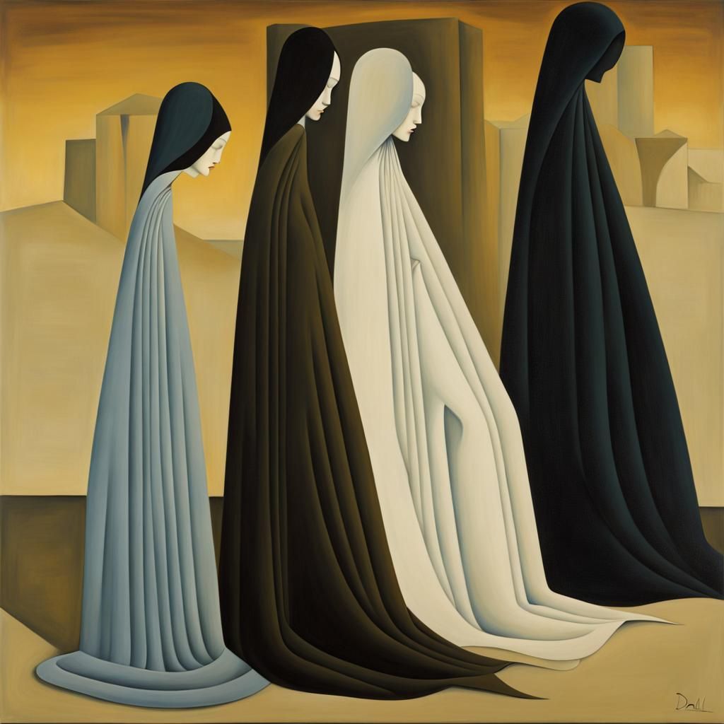 a painting of crooked women, Will Barnet style, 16:9 aspect ratio