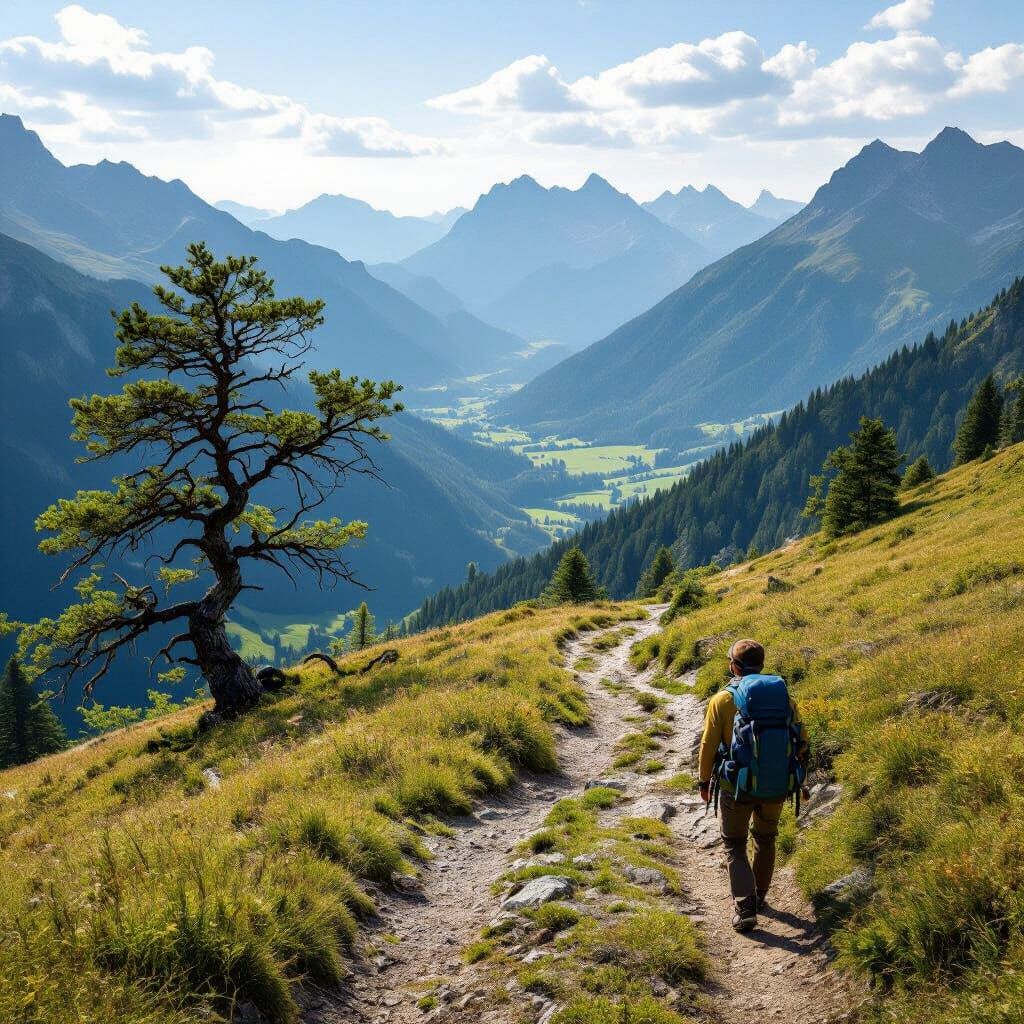 Vast Mountain Landscape with Winding Path and Lone Hiker