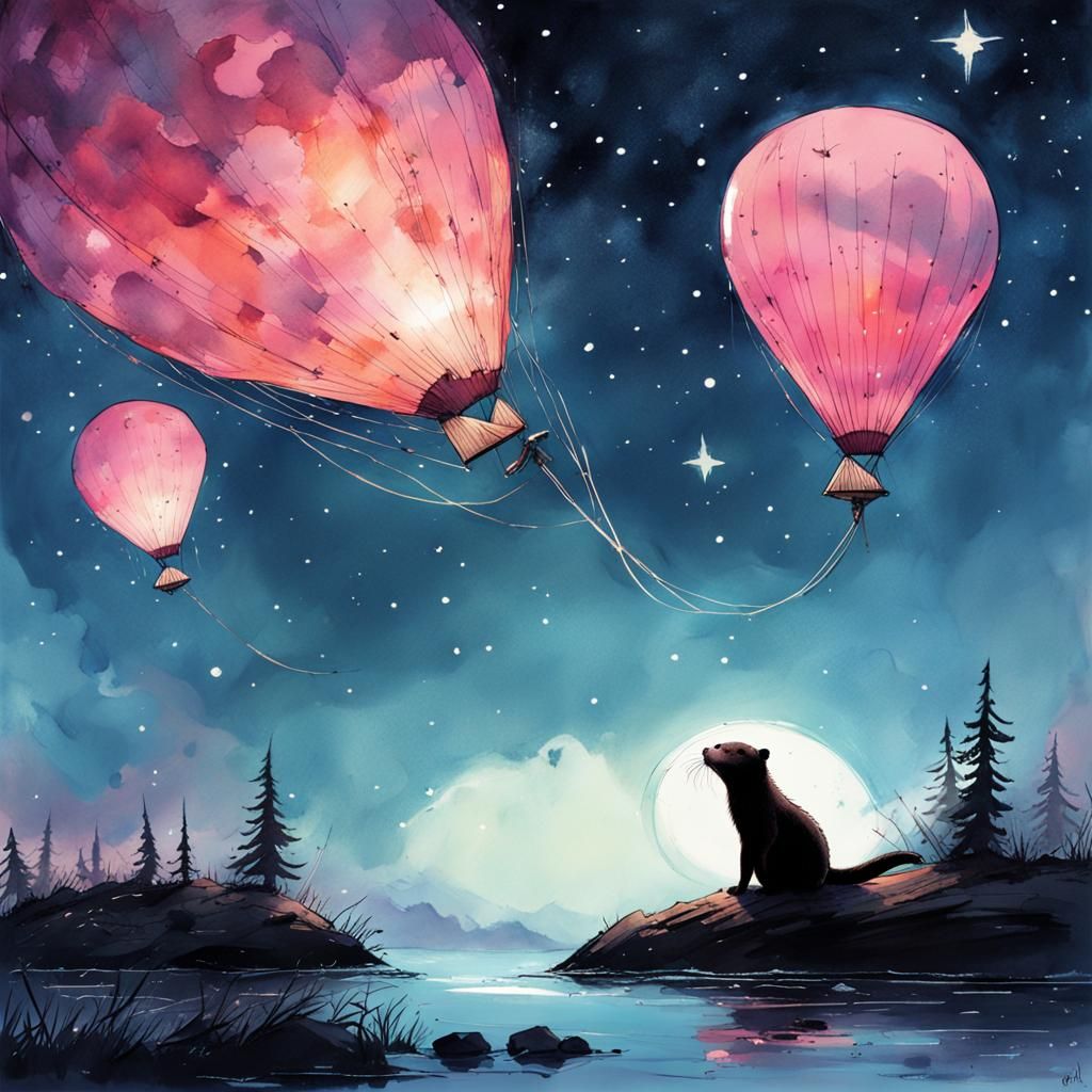 Otters in Starry Sky: Watercolor Splash Art