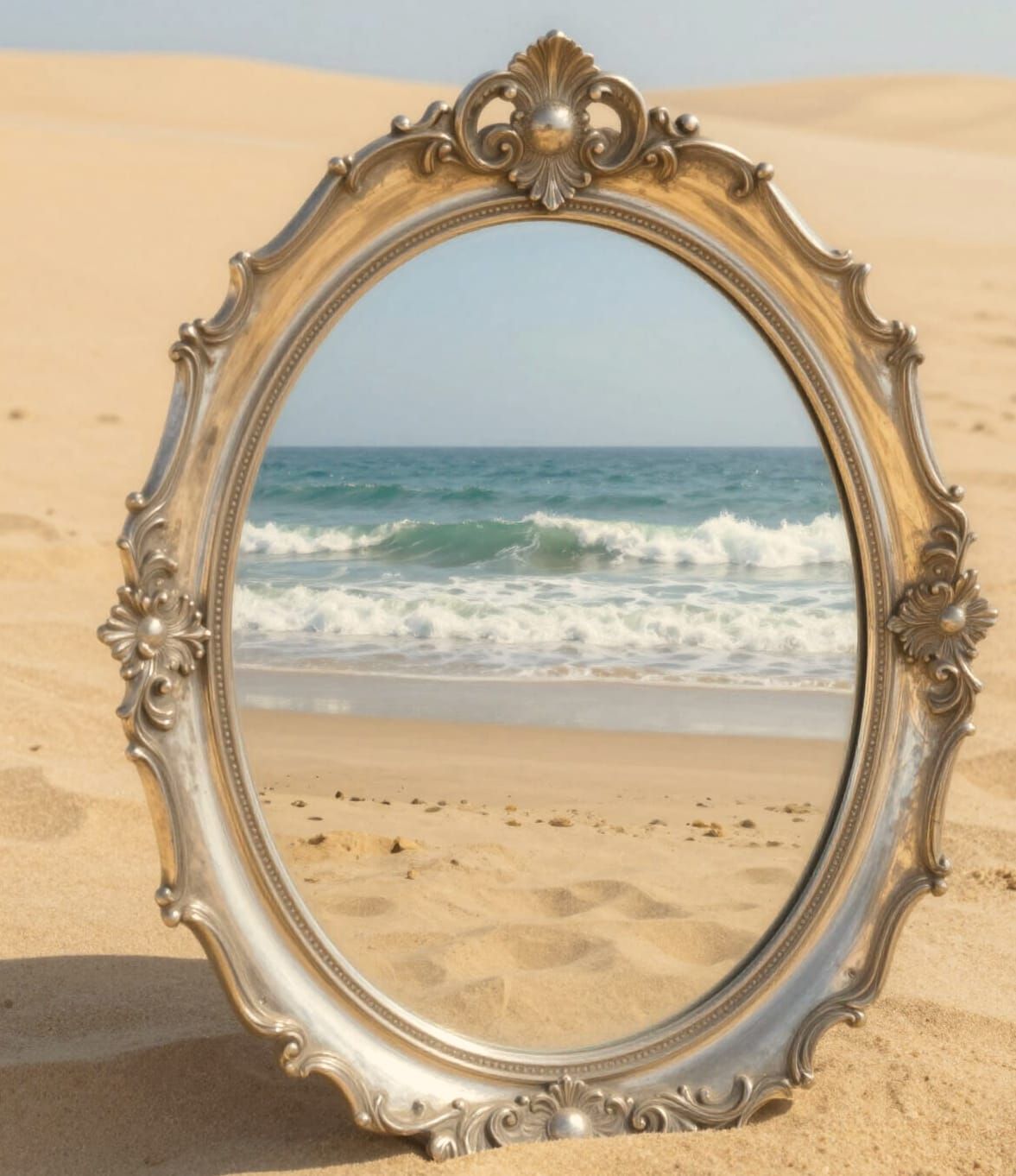 Antique Silver Mirror Reflecting Ocean in Golden Sand