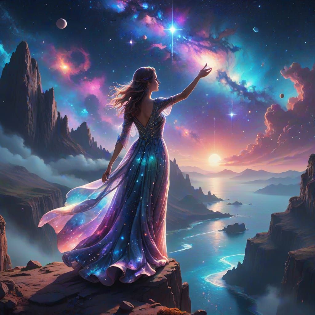 Woman Reaching for Galaxy in Cosmic Fantasy