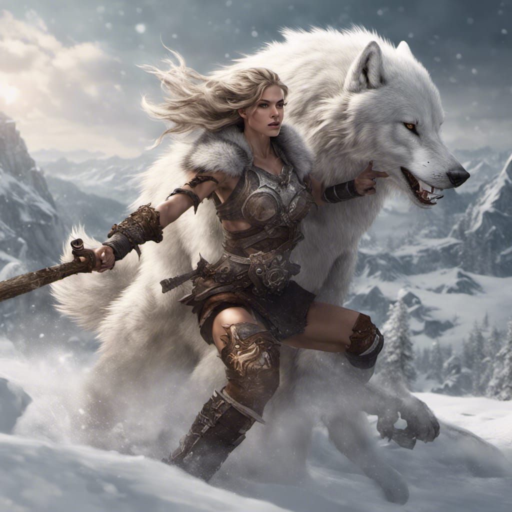 Barbarian Battles White Wolf in Snowy Landscape