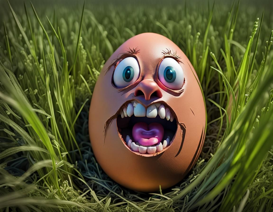 Anthropomorphic Easter Egg Hiding in Grass in Naive Art