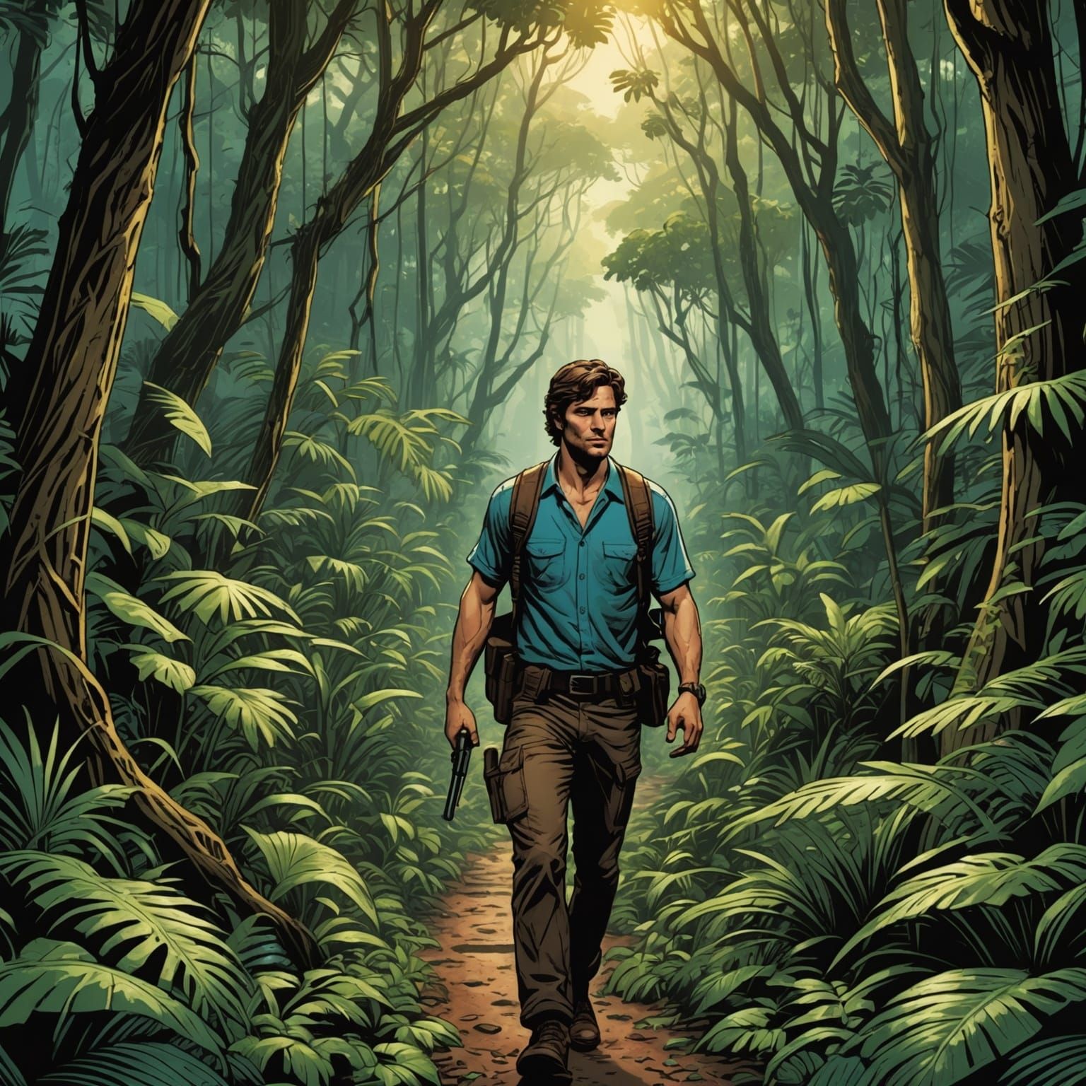 Man's Jungle Trek in Comic Book Style