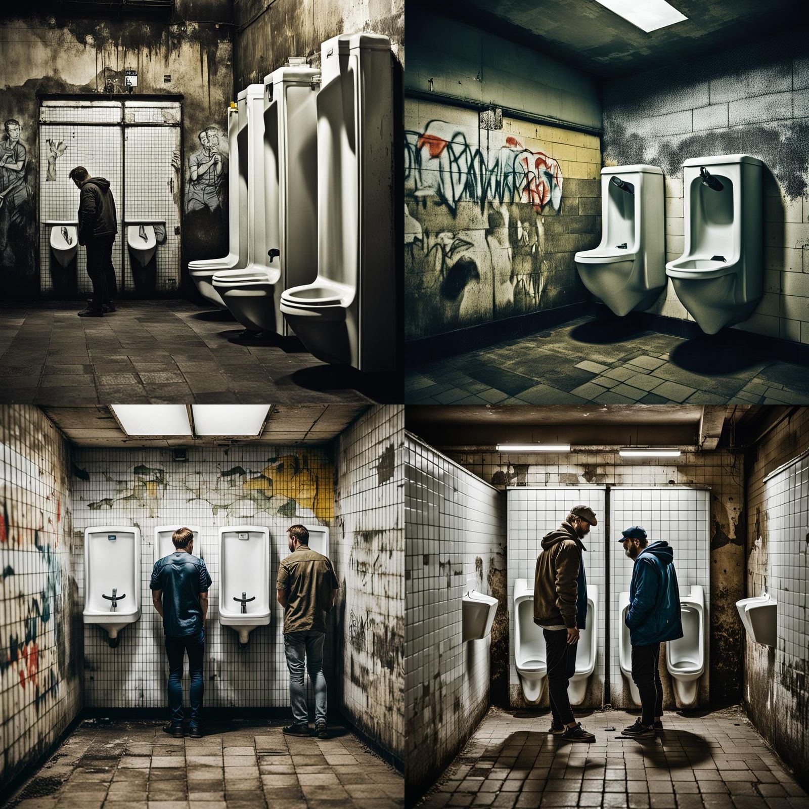 Men at Urinals in Gritty Public Restroom