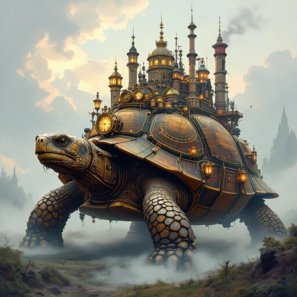 Steampunk City on Giant Tortoise, Art Nouveau Inspired