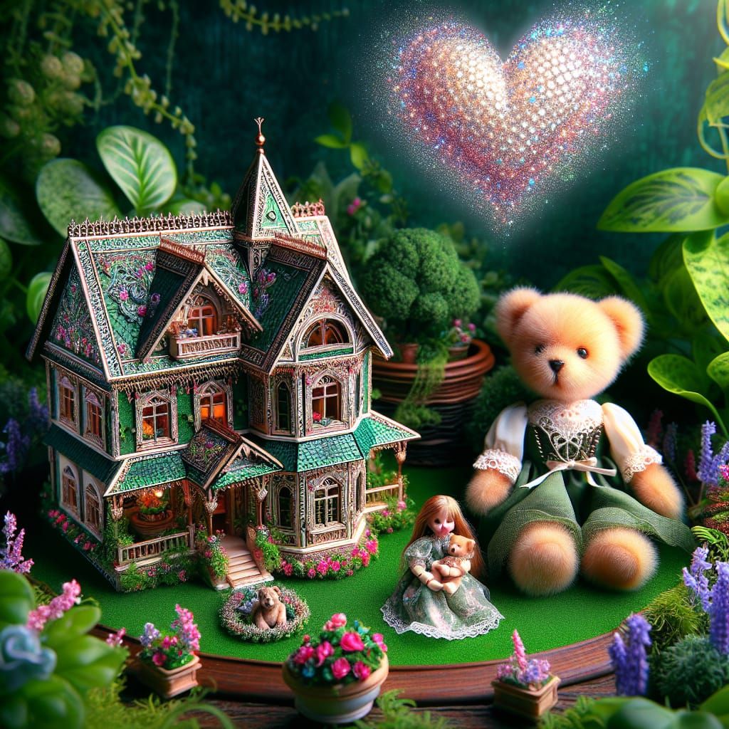 Vibrant Dollhouse in Lush Garden with Heart