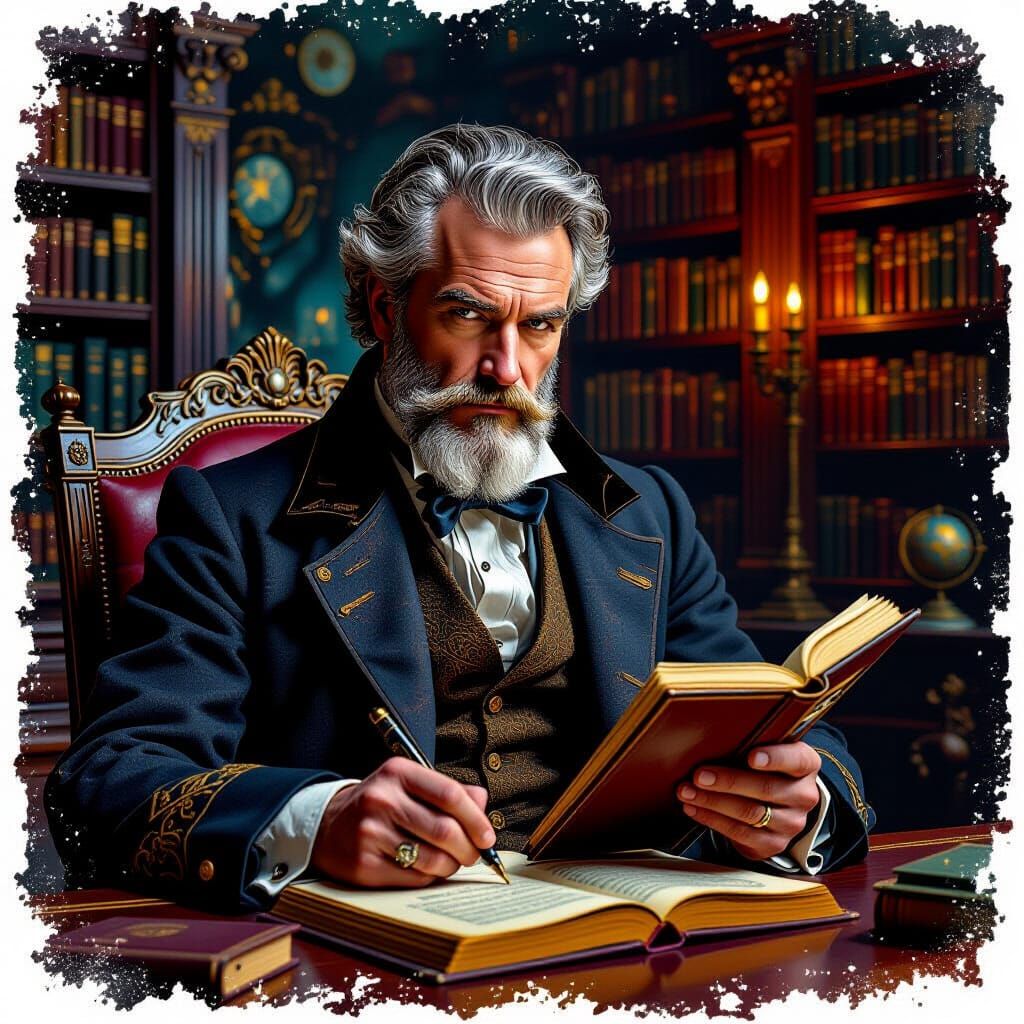 Victorian Antiquarian Writes in Journal in Opulent Library