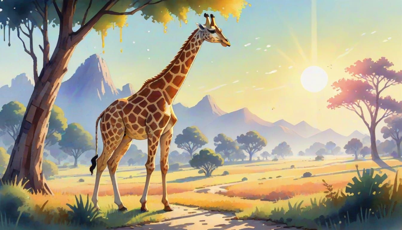 Giraffe in Morning Sunlight - 8-bit Watercolor Style